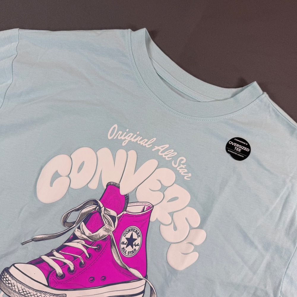 Converse Girls Oversized Tee Light Blue Pink Chuck Taylor Graphic Shirt Large 12